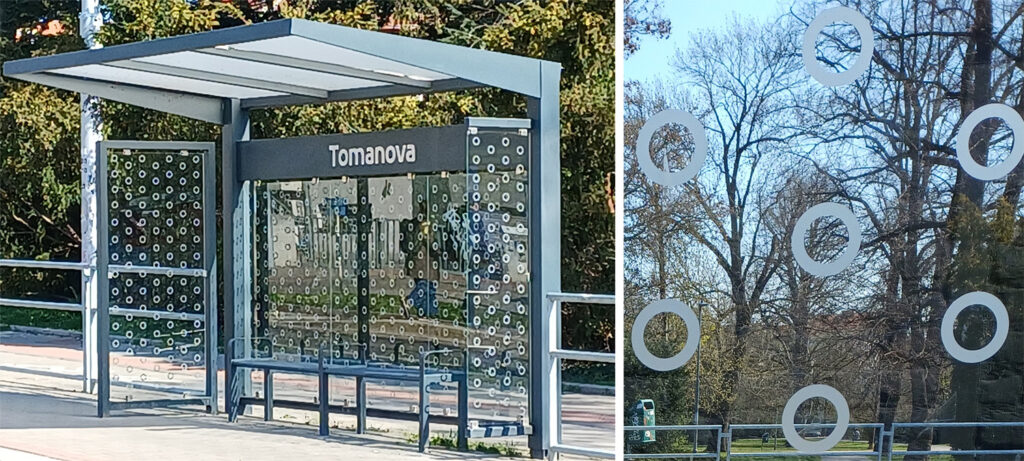 Brno public transport shelter with bird-safe glass near the author’s house